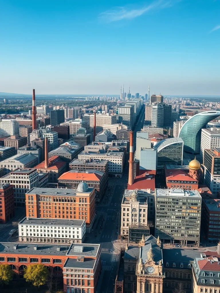 Aerial view of a modern European city skyline with industria